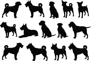 Set of black and white dog silhouettes in various poses including standing, sitting, and lying down vector illustration.