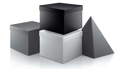 Obraz premium Stacked geometric boxes in grayscale tones, featuring a pyramid, illustrate a modern design concept.