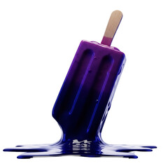 Vibrant purple and blue melting popsicle on a wooden stick, creating a cool summer visual for refreshing dessert promotions, party invitations, or heatwave campaigns,