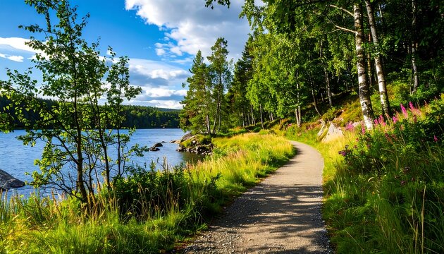 A paved path winds through lush greenery alongside a serene lake under a vibrant sky.