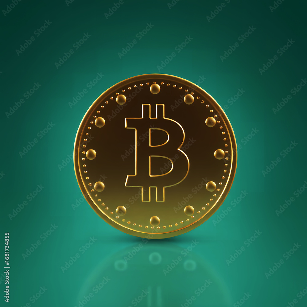 Poster close up of a golden bitcoin coin with a b symbol on a green background with small dots