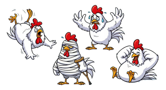 Four cartoon roosters expressing various emotions with dramatic poses and expressions