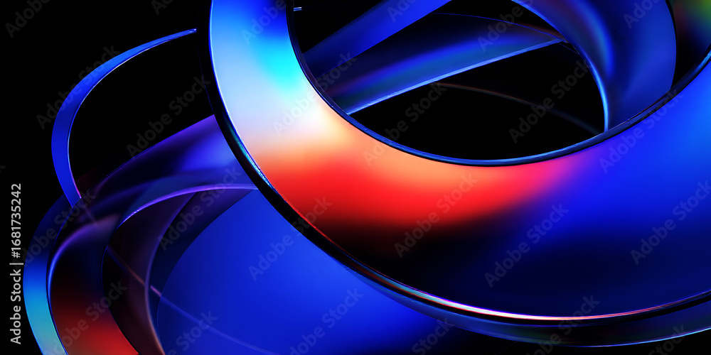 Poster abstract rendering featuring curved shapes with blue and red gradients against black background