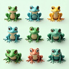 Fototapeta premium Collection of nine adorable colorful cartoon frogs in various poses and vibrant hues on a soft background