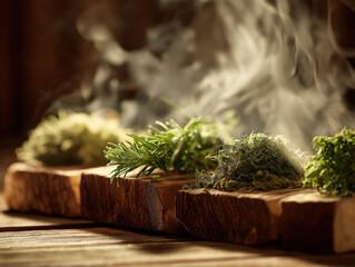 Fresh herbs arranged on wooden boards, with steam rising in the background, creating a warm and inviting atmosphere for culinary inspiration and cooking