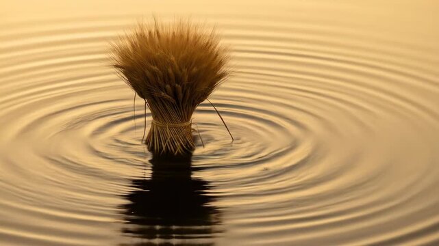Golden wheat bundle in water creating ripples, peaceful scene, rural agriculture concept, golden hour.