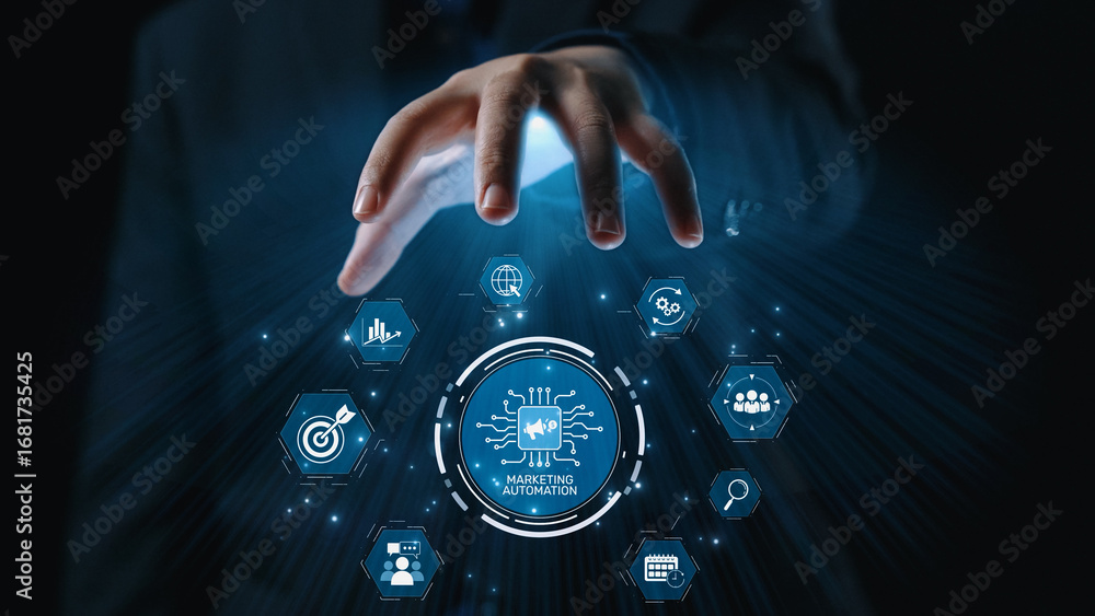 Poster marketing automation diagram showcase ai-driven campaign workflow, highlight marketing automation, d