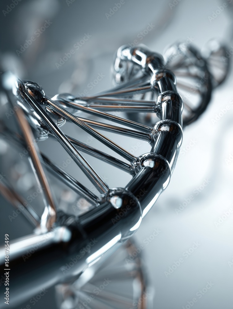 Poster detailed close-up of a dna helix showing intricate structure and design with a sleek metallic appear