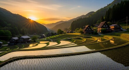 Terraced rice paddies in a rural Japanese valley reflecting the golden sunrise sky, with traditional wooden farmhouses scattered among the fields