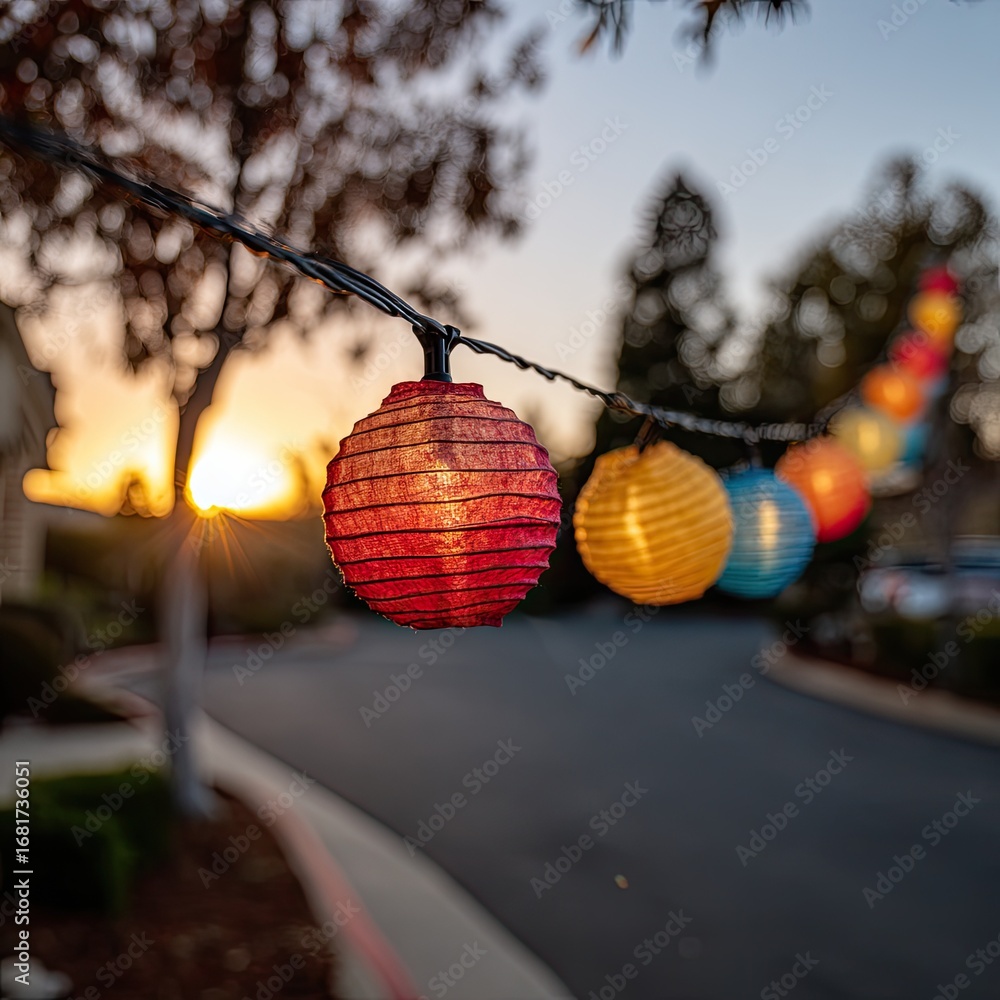 Poster a string of colorful paper lanterns hangs in the evening, illuminated by the setting sun, casting a 