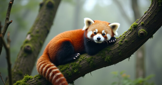 A red panda resting on a moss-covered tree branch in misty forest