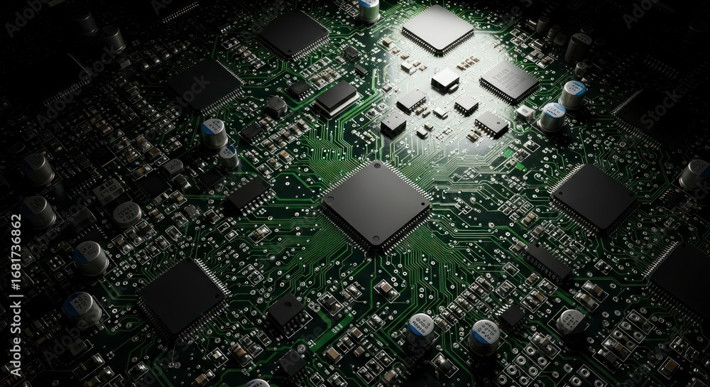 Poster high-angle close-up view of intricate circuit board components, showcasing complex technology and de