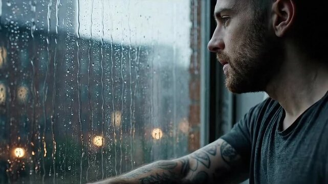 Man with beard and tattoos looking out a window covered in raindrops on a rainy day outside view - Powered by Adobe