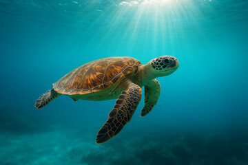 Fototapeta premium Majestic green sea turtle glides through crystal clear turquoise ocean waters under sunlight rays