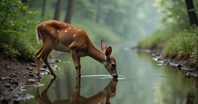A single deer drinking at a clear forest stream