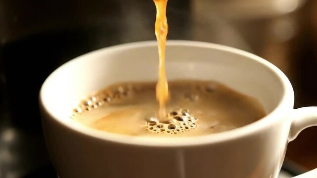 Close up of coffee being poured into a white mug filling it with dark liquid and a foamy surface