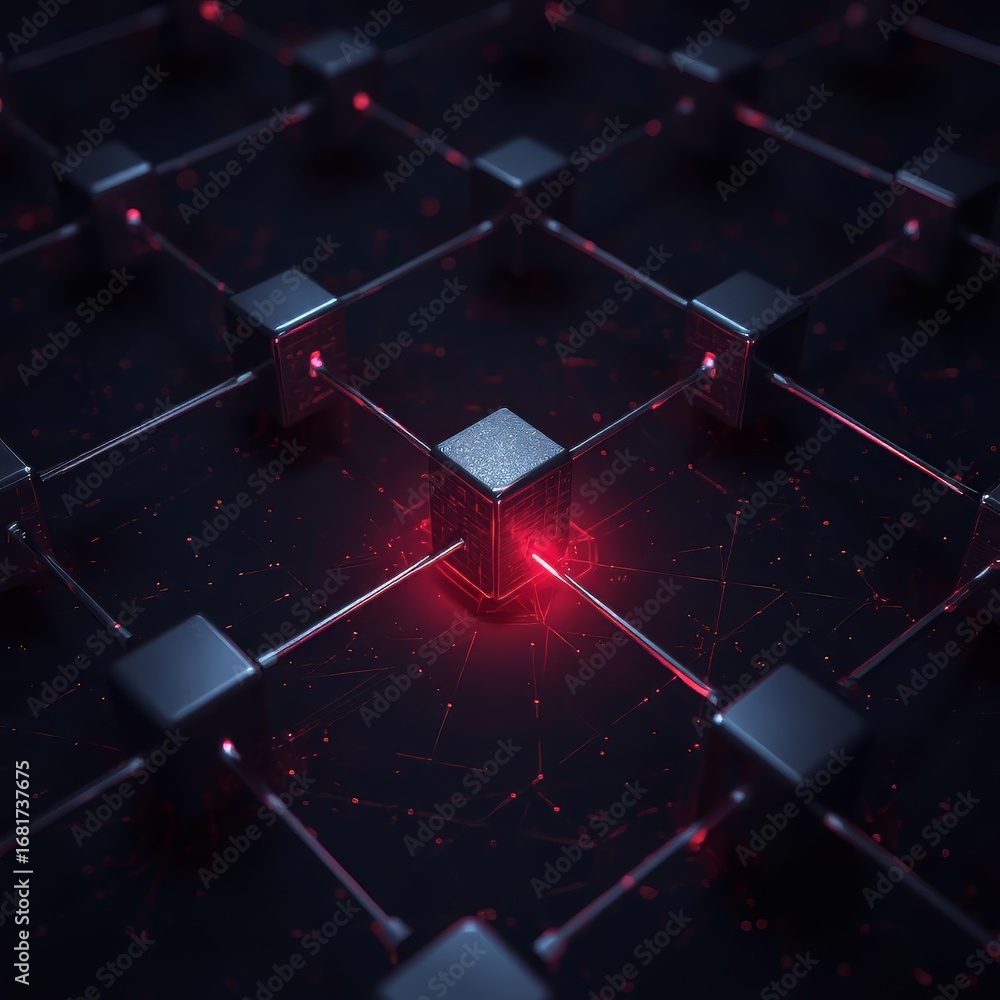 Poster digital network cubes with broken red connection symbolizing supply chain cyber attack