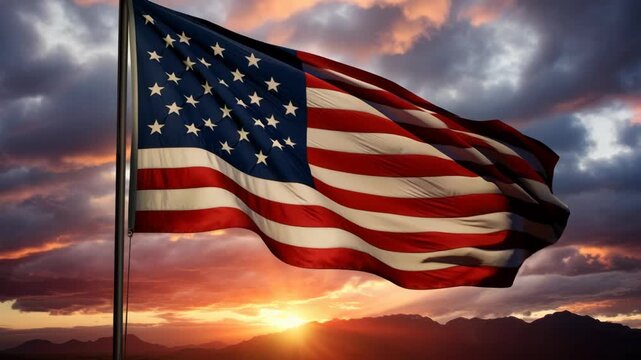 Dramatic low-angle shot of the American flag waving against a vibrant sunset sky, ideal for patriotic video content or national celebrations. Live desktop wallpaper.