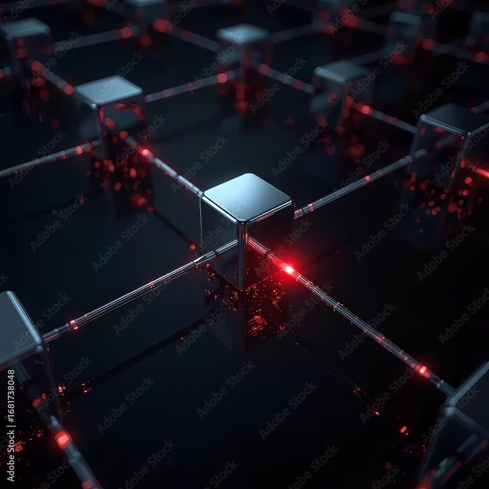 Poster photorealistic digital network breach visualization with glowing broken red link