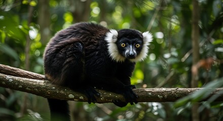 Obraz premium Elegant black and white ruffed lemur perched serenely amidst a lush tropical forest habitat