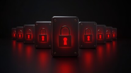 Photorealistic ransomware visualization with locked metallic blocks and luminous padlocks
