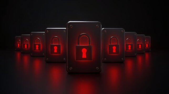 Photorealistic ransomware visualization with locked metallic blocks and luminous padlocks
