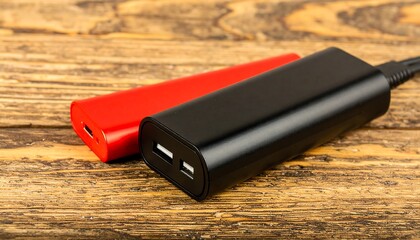 Two portable chargers rest on a wooden surface
