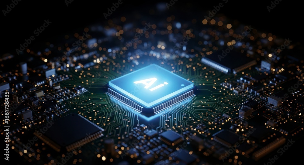 Poster a glowing artificial intelligence chip sits atop a complex circuit board, illuminated by a soft, eth