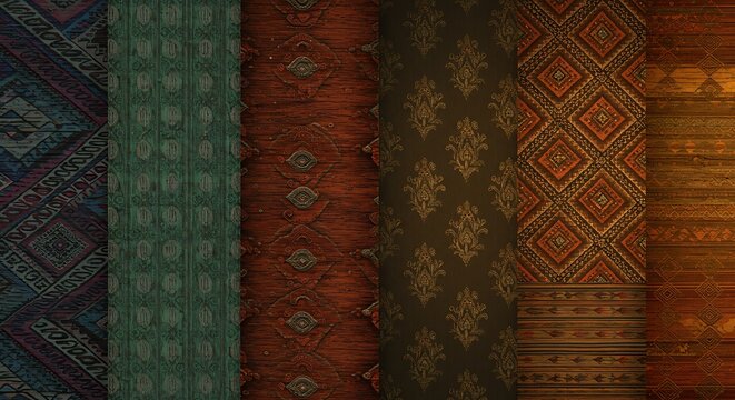 Detailed textural tapestry collection featuring diverse ornamental patterns and earthy color