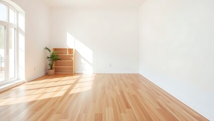 Fototapeta premium Minimalist living room with wooden floors and white walls, embodying clean modern design.