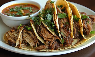 Several tacos with shredded meat served with a spicy dipping sauce