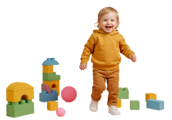 Happy Toddler Playing with Colorful Building Blocks and Toys on a Transparent Background