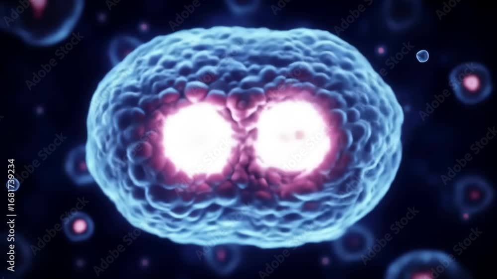 Poster Detailed 3D render of cell division under a microscope, highlighting cellular structure and division with bioluminescent glow against a dark backdrop.