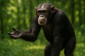 Photorealistic chimpanzee in lush forest reaching out its hand for interaction