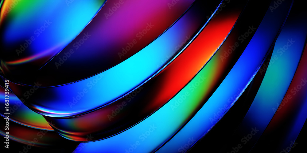 Poster abstract rendering of curved iridescent bands with vibrant colors and dark background