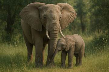 Obraz premium Majestic african elephant mother nurtures her adorable calf in a lush green savannah landscape