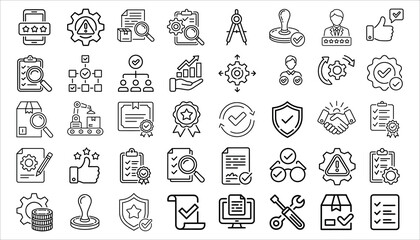 Quality Control Line Icons Certification, Inspection, Audit, Standard, Compliance Vector