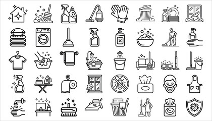 Cleaning Line Icons Set Housekeeping, Hygiene, Sanitation, Disinfection Vector