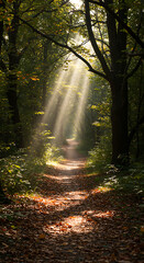 Obraz premium Sunbeams filter through the trees, illuminating a forest path covered in fallen leaves, creating a serene and mystical atmosphere.