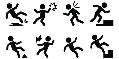 Stickman action silhouette icons showing falling, slipping, fighting, and movement poses for safety, accident, and activity illustrations