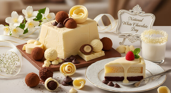 A delectable array of white chocolate treats, including a sculpted cake, truffles, and a slice of cake, perfectly captures the essence of National White Chocolate Day.