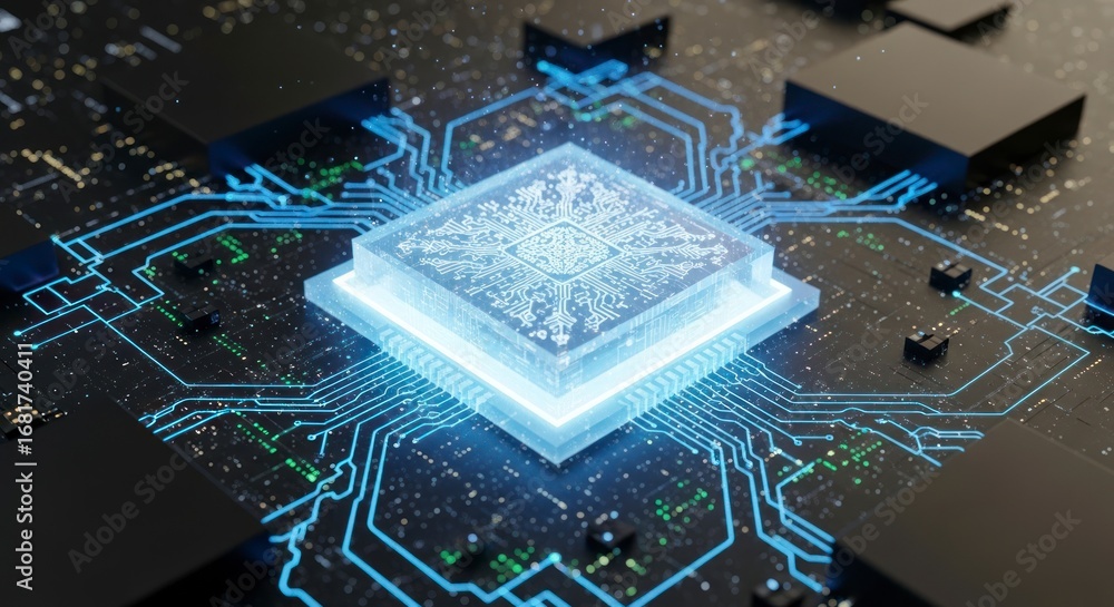 Aufkleber high-tech computer processor chip, illuminated with radiant blue light, is centrally positioned on a