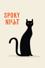 A sleek black cat illustration with piercing orange eyes sits beneath stylized 