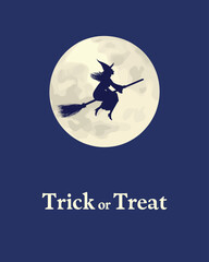 A witch silhouette flies across a full moon with "Trick or Treat" text on a dark blue background, perfect for Halloween.