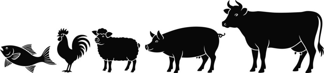 Silhouette, farm, animals, livestock, fish, rooster, sheep, pig, cow, agriculture, rural, domestic, icons, black, vector, graphic, farming, nature, barnyard, illustration