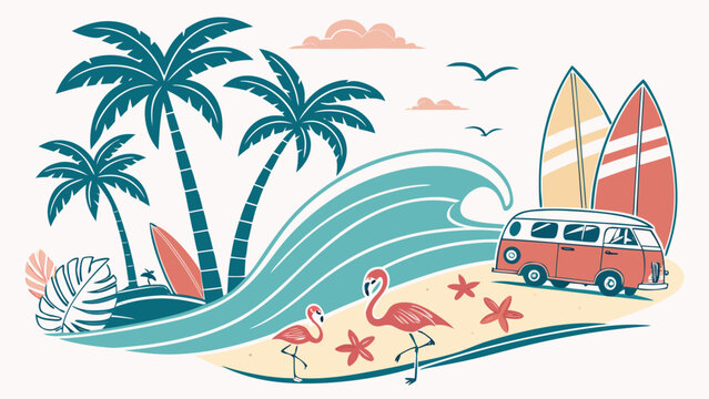 Tropical beach vacation scene with palm trees, surfboards, flamingos, and a vintage van for summer vibes