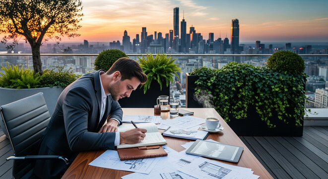 A focused businessman is working outdoors on a rooftop terrace with a breathtaking city skyline in the background at sunset. He is seated at a large table, writing in a notebook, with blueprints - Powered by Adobe