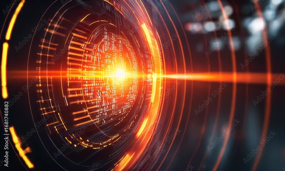 Poster abstract digital interface with concentric circles bright orangeyellow highlights and a central glow