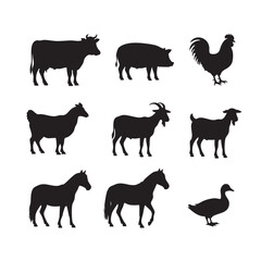 Fototapeta premium Collection of diverse farm animal silhouettes including cow pig rooster sheep goat horse and duck silhouette