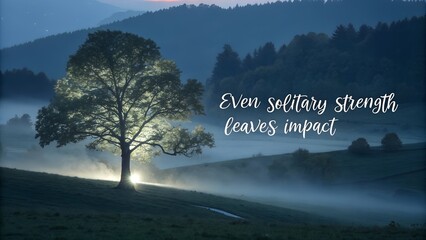 Glowing Solitary Tree on a Misty Hillside at Dusk.